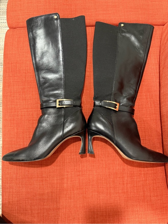 Vince Camuto Shoes - Vince Camuto Black Leather Mid-Calf Heeled Boots with Gold Buckle